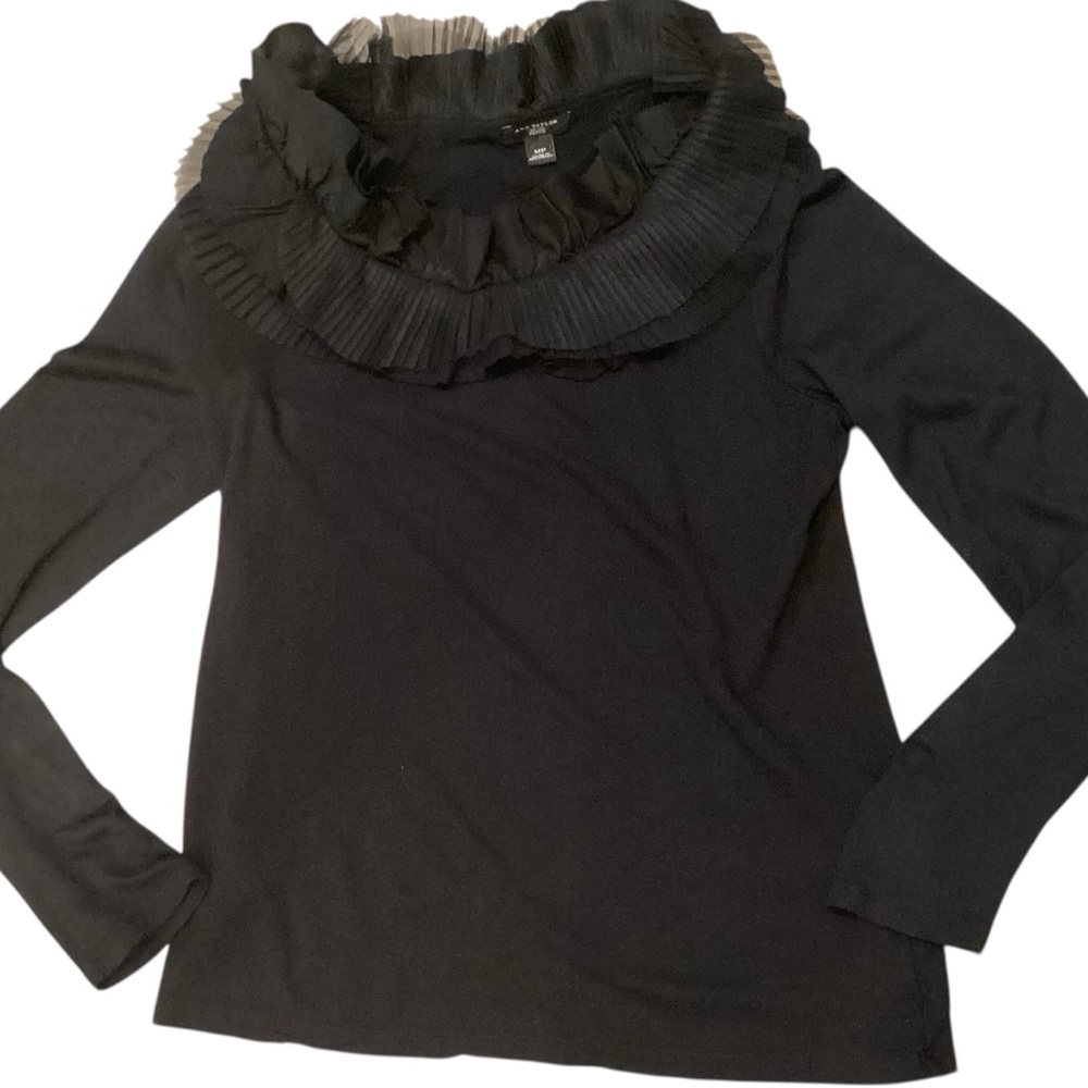 Ann Taylor Black Ruffle Scoop Neck Lightweight Pullover Wool‎ Blend Sweater MP
